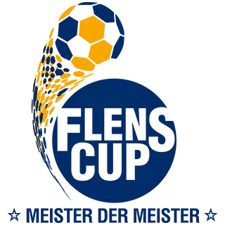 Logo vom FLENS CUP Meister der Meister, ein iconisierter Fußball in Weiß, Gelb und Blau.