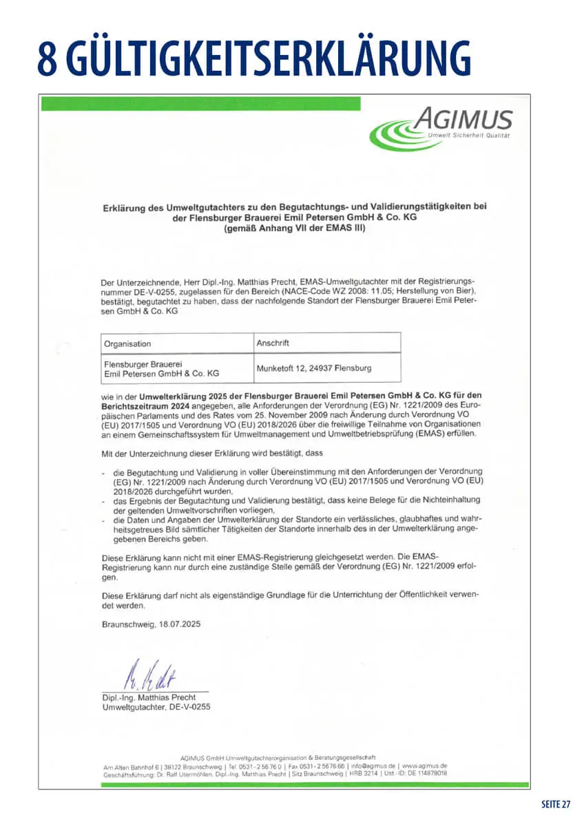 Dokumentseite mit Gültigkeitserklärung der Flensburger Brauerei, EMAS-Zertifikat 2025.