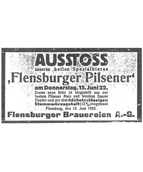 Historische Werbung für das Flensburger Pilsener aus 1922.