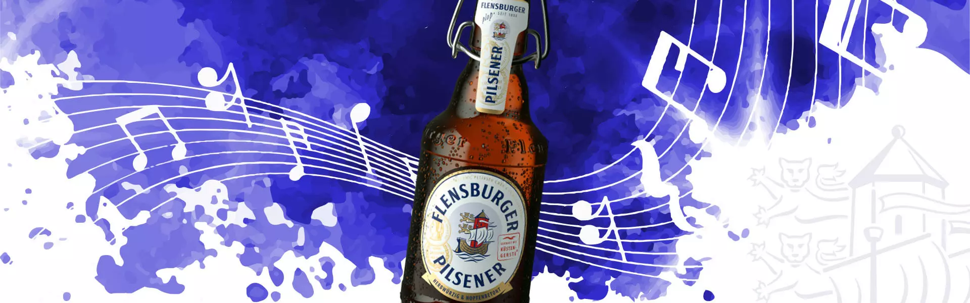 Violetter Hintergrund mit fliegenden Musiknoten, im Vordergrund eine große Flasche Flensburger Pilsener.