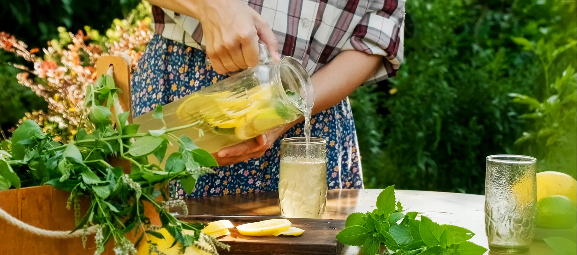 Erfrischende hausgemachte Zitronenlimonade mit Zitronenscheiben und frischer Minze im Garten, die aus einem Krug in ein Glas eingeschenkt wird.