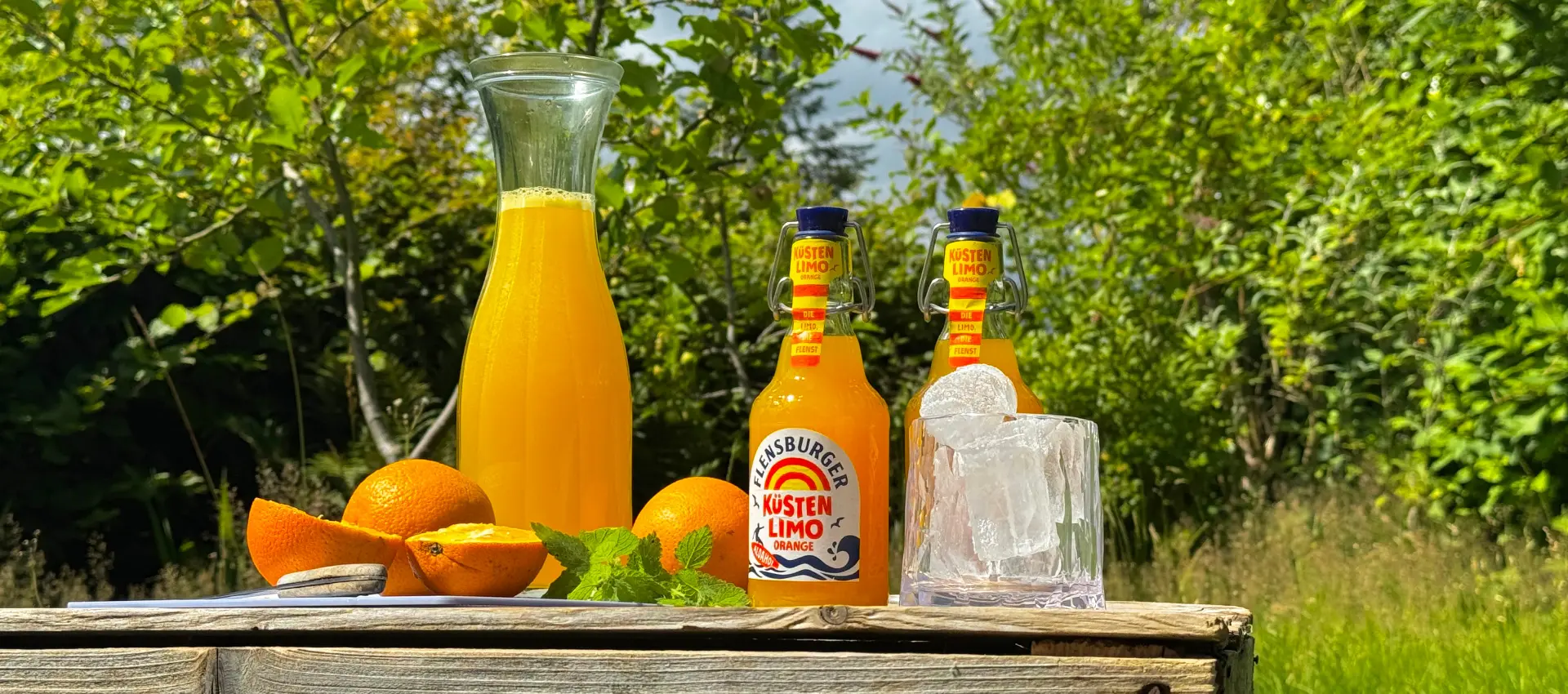 Eine Karaffe mit Orangelimonade, zwei Flaschen Flensburger Küstenlimo Orange, aufgeschnittene Zitrusfrüchte und ein Glas mit Eiswürfeln auf einem Tisch mitten im Grünen.