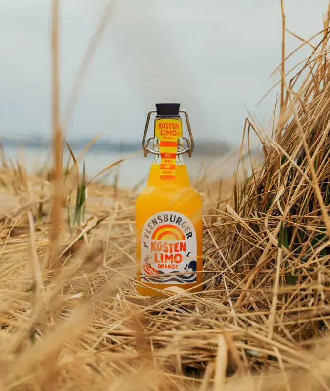 Flensburger Küstenlimo Orange in trockenen Stranddünen am Meer.