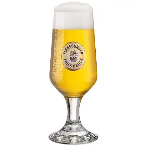 Beer glass filled with Flensburger Edles Helles.