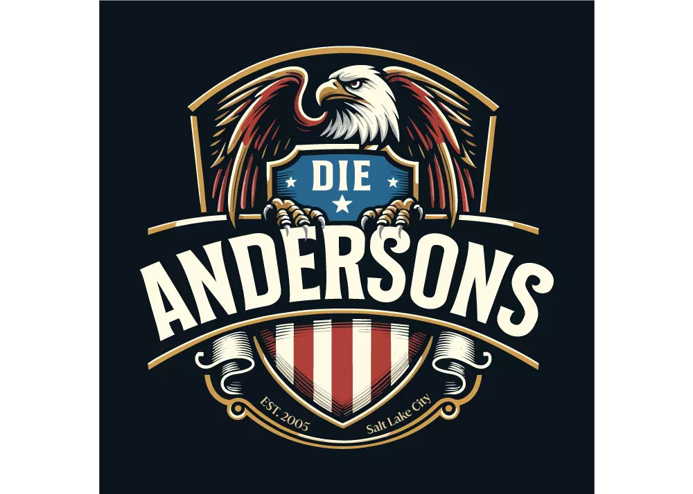 Logo der Coverband Die Andersons: Amerikanisch anmutendes Siegel mit Seeadlergrafik im Hintergrund.