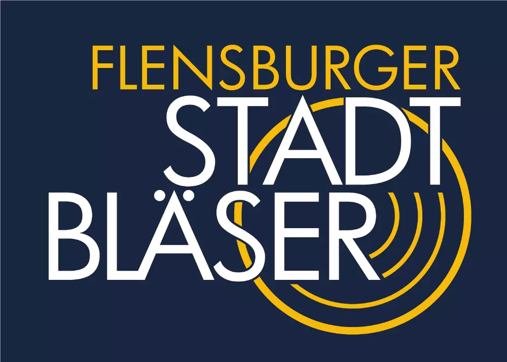 Logo der Flensburger Stadtbläser: Schriftzug und Kreise auf dunkelblauem Hintergrund.