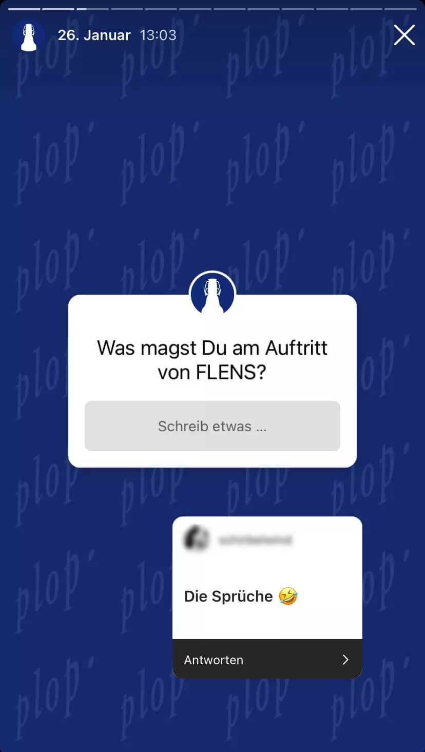 Screenshot von einer Instagram-Story mit Umfrage-Sticker "Was magst Du am Auftritt von FLENS?" und Antwort-Sticker "Die Sprüche" mit lachendem Emoji.