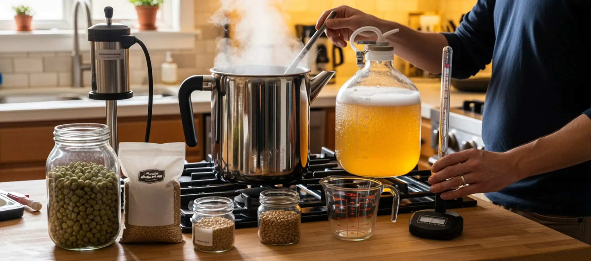 Mann braut Bier zu Hause mit Hopfen, Malz und Brauausrüstung auf Küchenherd.