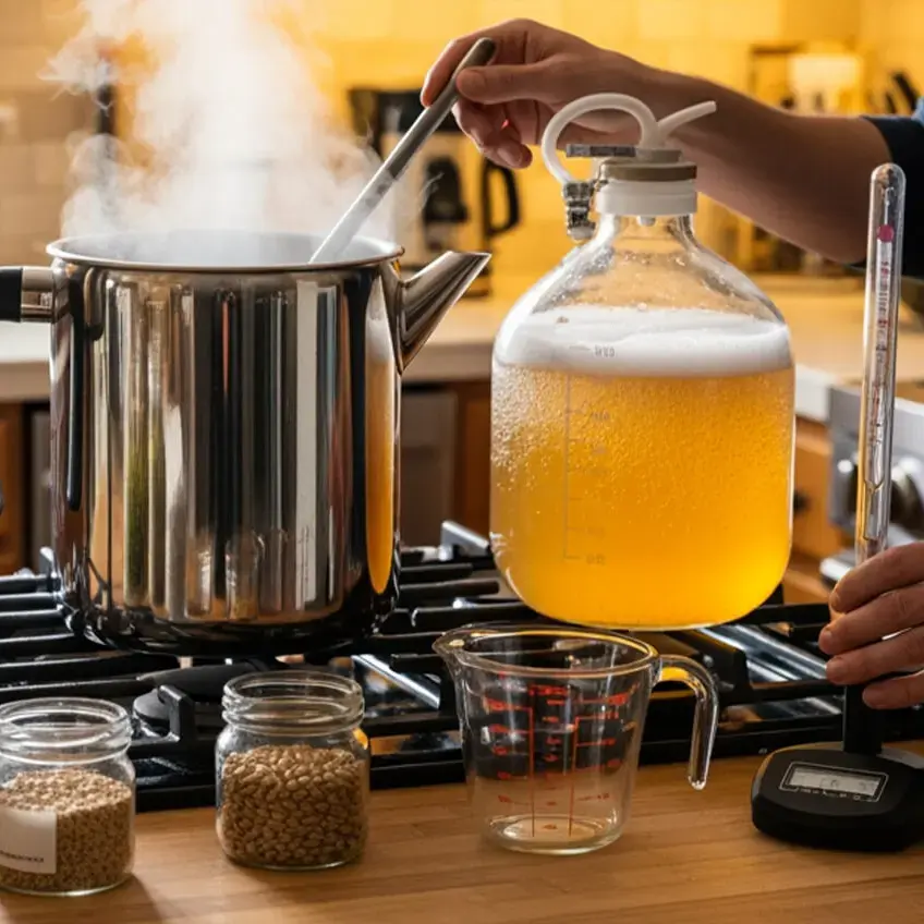 Mann braut Bier zu Hause mit Hopfen, Malz und Brauausrüstung auf Küchenherd.