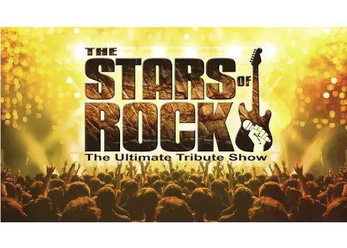 Logo der Coverband The Stars of Rock: Schriftzug und E-Gitarrenicon auf gelbem Hintergrund.