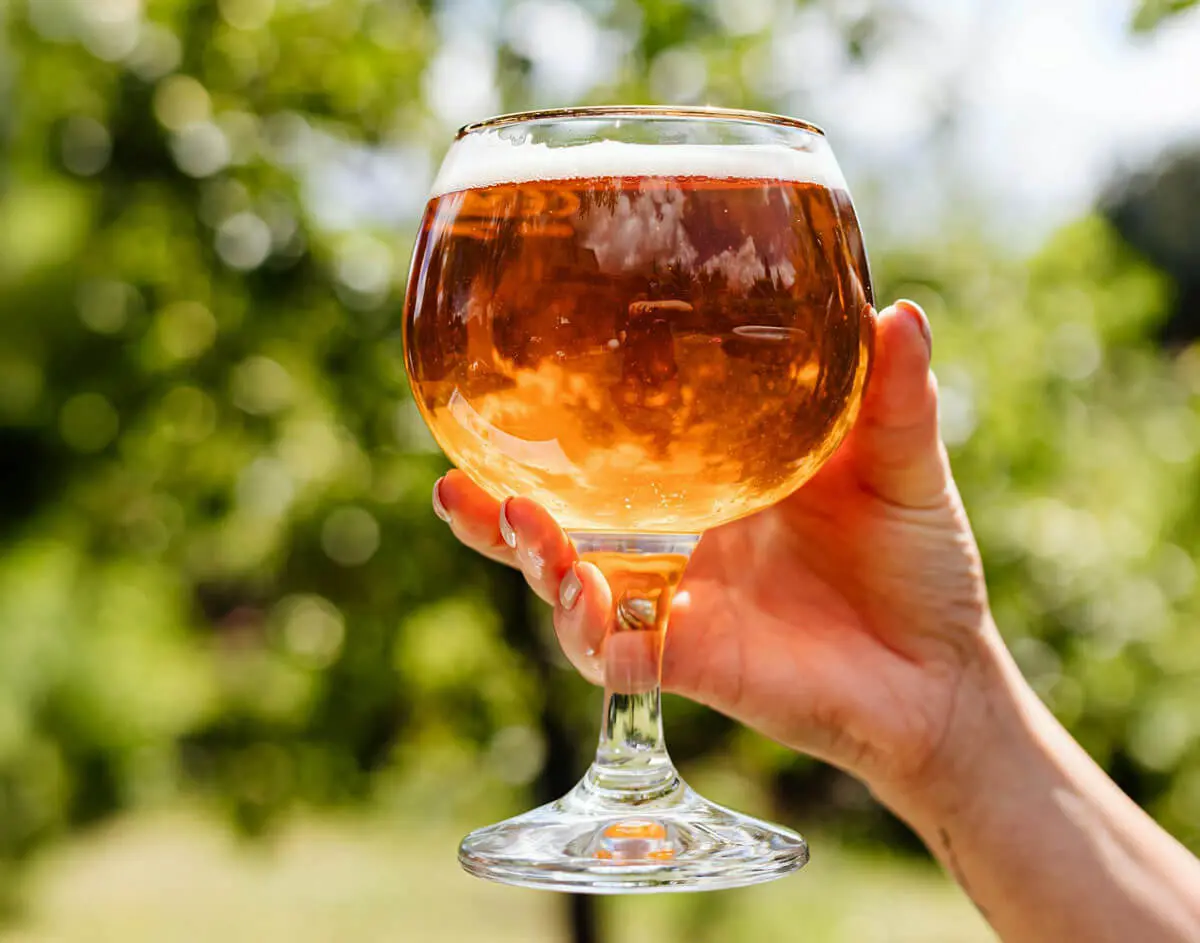 Eine Hand hält einen Bierschwenker mit einem eher dunklen, klaren Bier.
