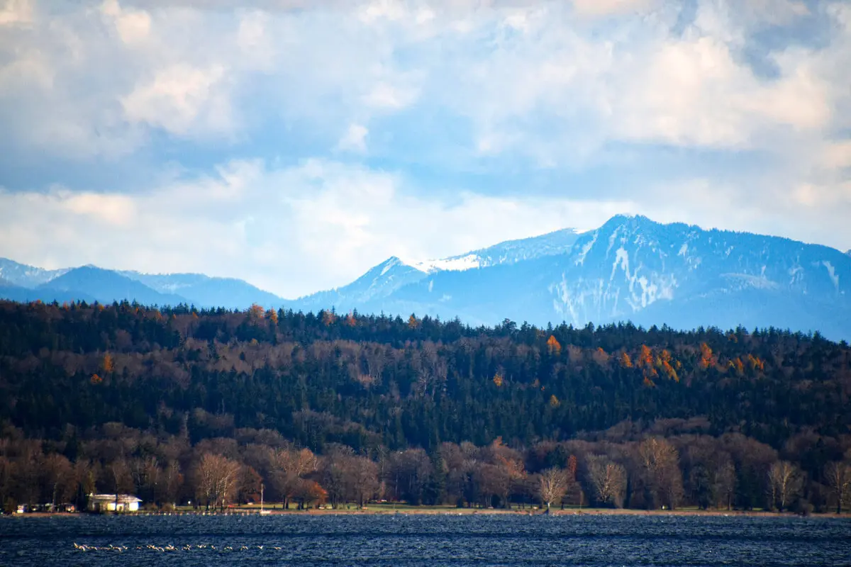 Starnberger See mit Uferwald, herbstlichen Farben und schneebedeckten Bergen unter wolkigem Himmel.