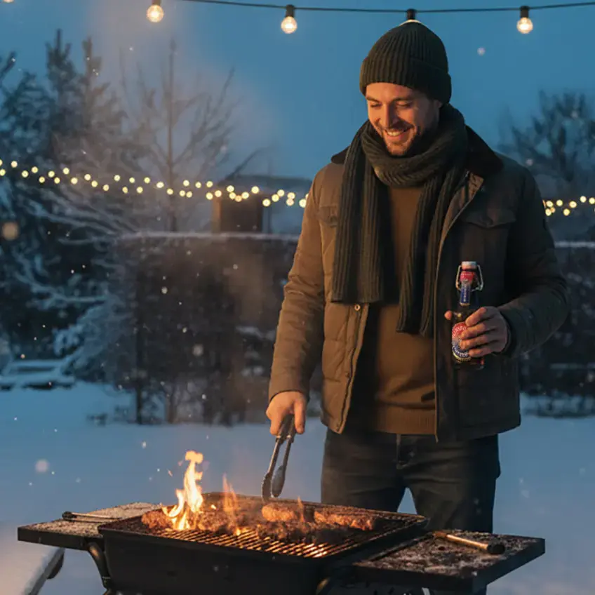 Mann grillt im Winterabend mit Flensburger Winterbock im Schnee und Lichterketten im Hintergrund.