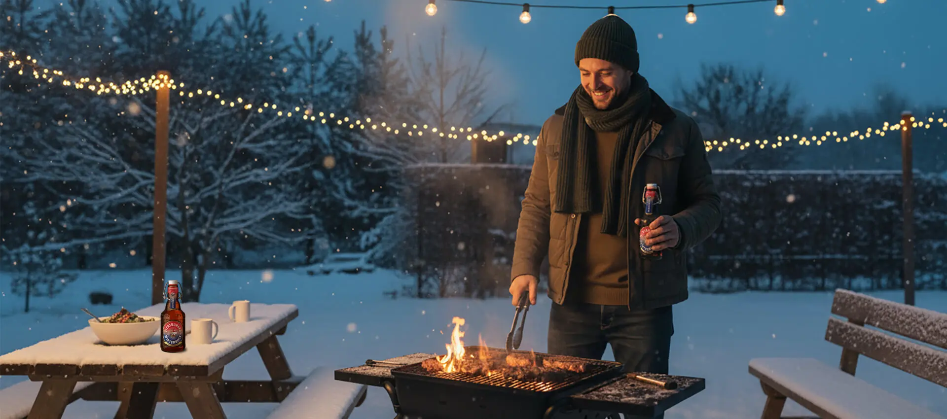 Mann grillt im Winterabend mit Flensburger Winterbock im Schnee und Lichterketten im Hintergrund.