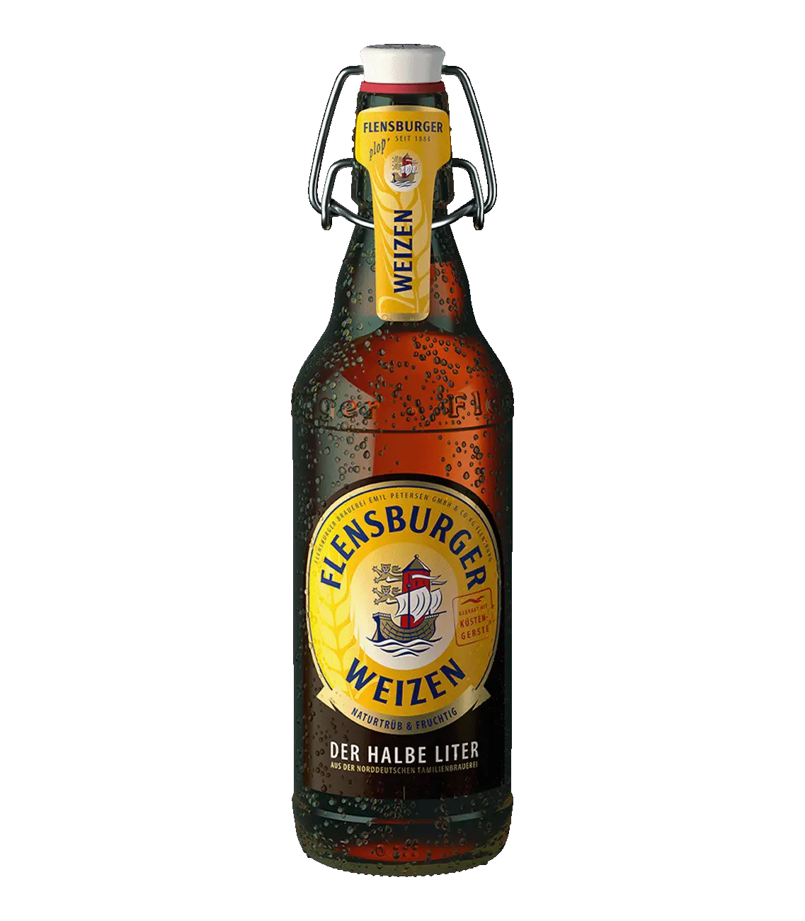 Flensburger Pilsener Bierflasche mit Bügelverschluss auf Holztisch