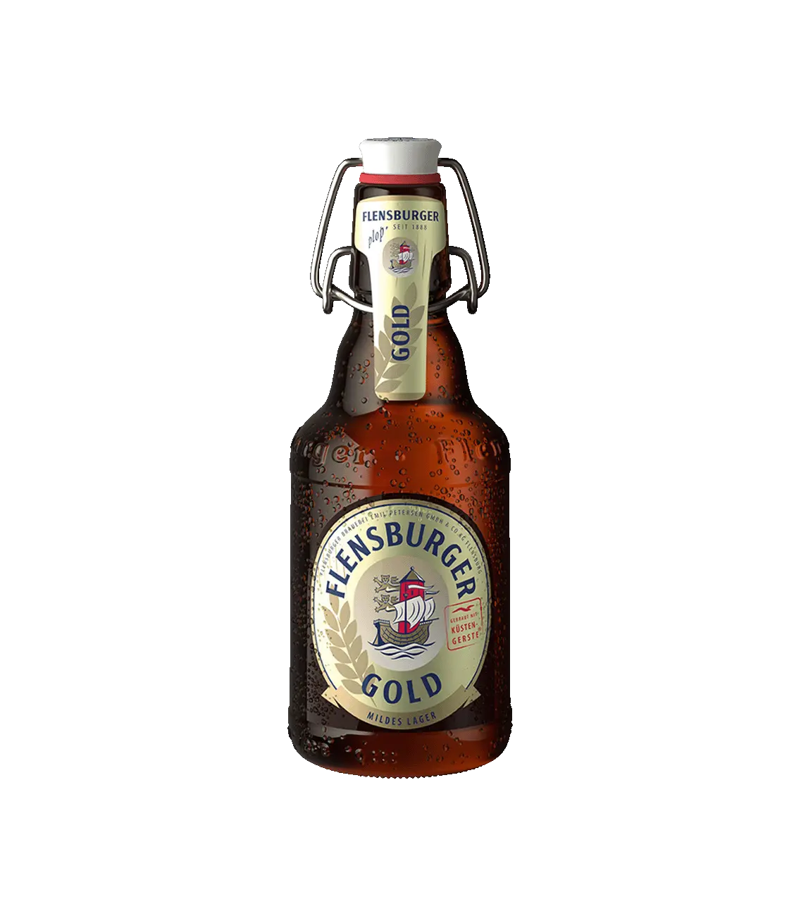 Bottle with swing top cap containing Flensburger Gold beer.