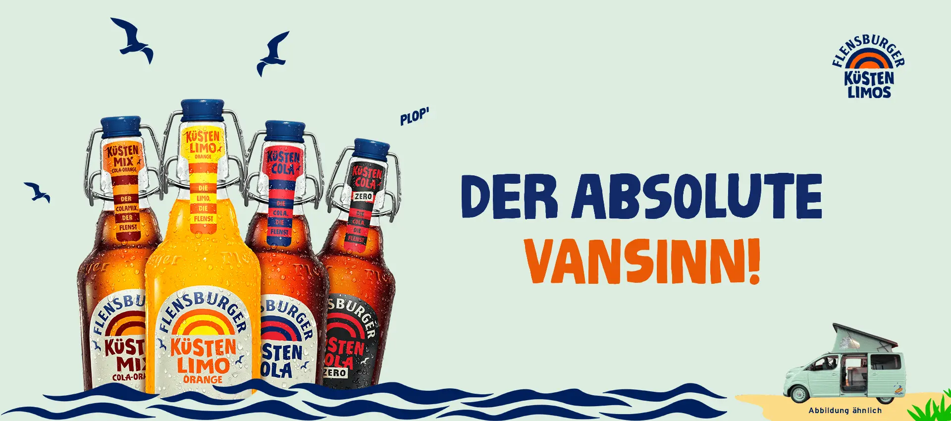 Flensburger-Küstenlimo-Flaschen (Cola, Cola Zero, Orange, Mix) neben Strand-Van, Titel: DER ABSOLUTE VANSINN!