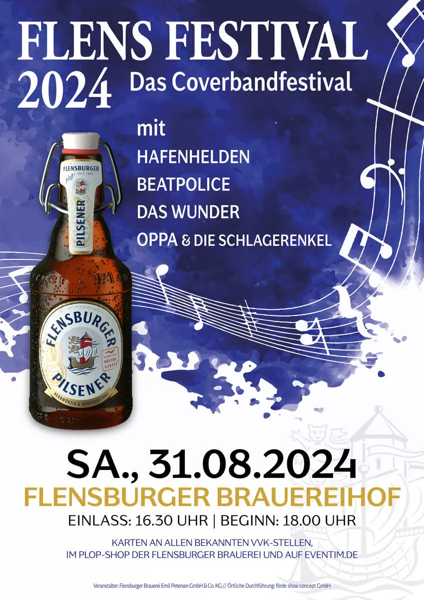 Plakat vom FLENS Festival 2023: Violetter Hintergrund mit fliegenden Musiknoten, im Vordergrund eine große Flasche Flensburger Pilsener und die Eckdaten des Festivals am 19.08.2023.
