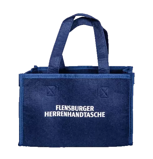 Sechserträger für Flaschen in Blau mit Flensburger Schriftzug in Weiß, frontale Ansicht.