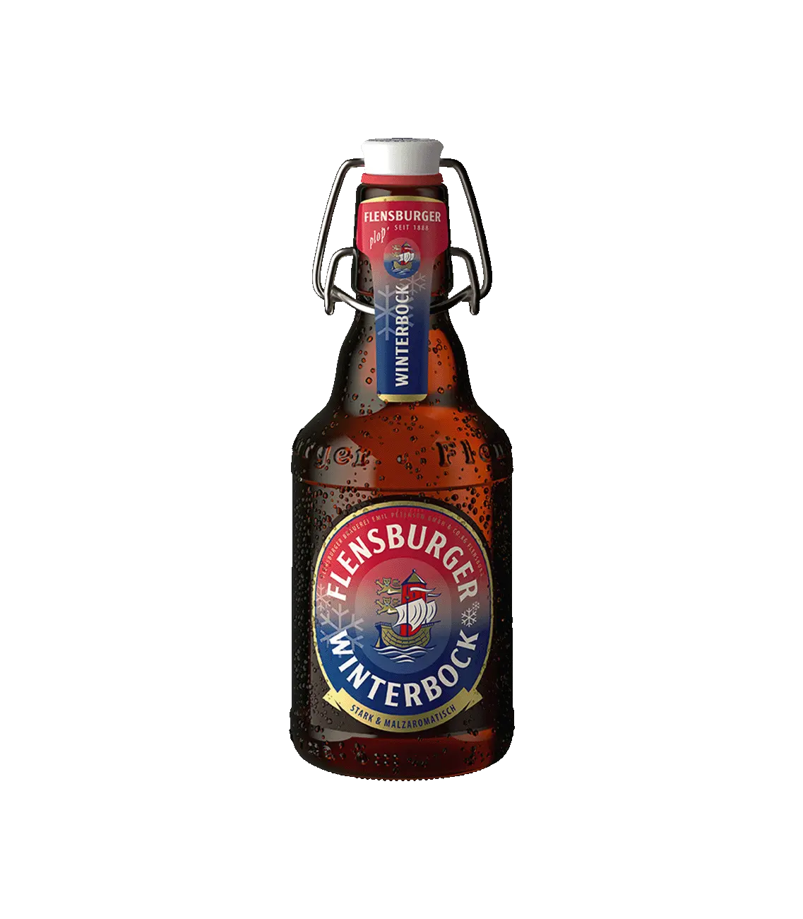 Braune Bierflasche mit Bügelverschluss auf weißem Hintergrund.