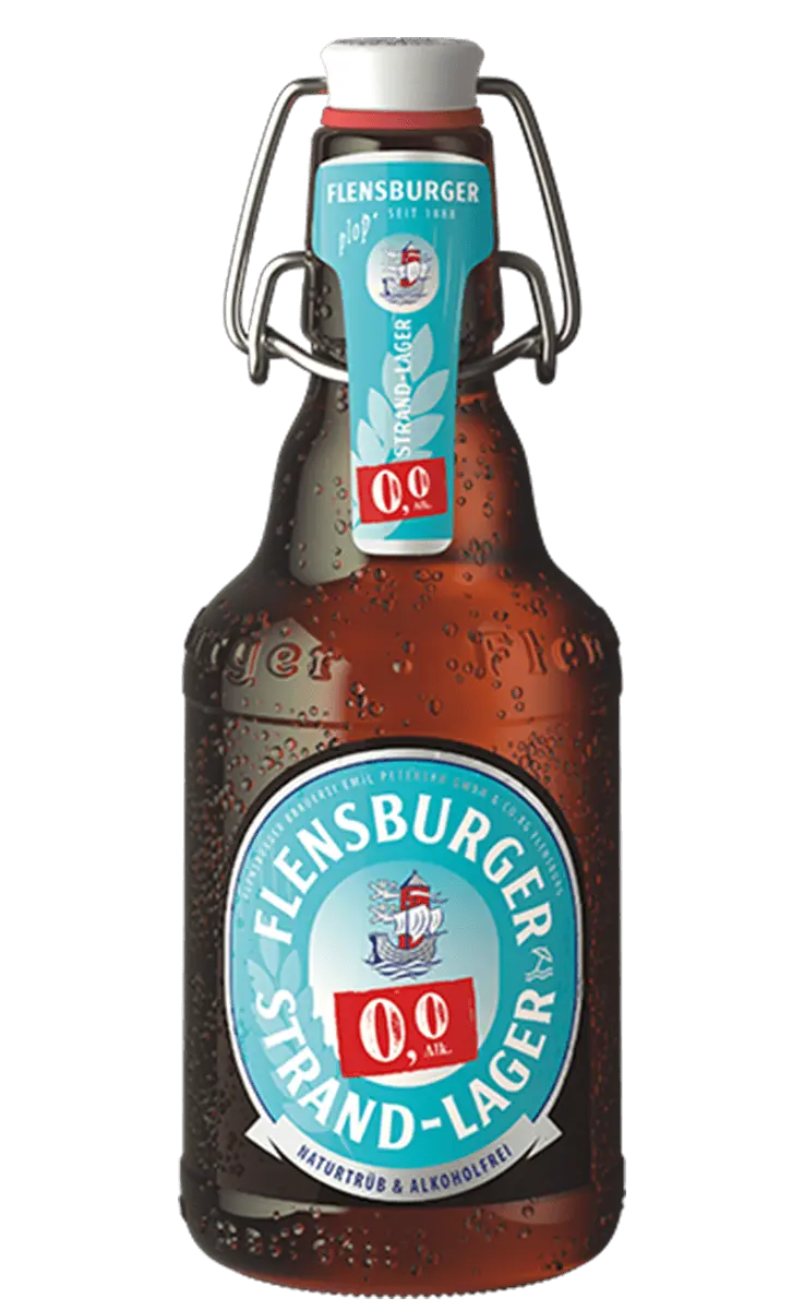 Flensburger Strand-Lager 0,0 % Vol. Bierflasche mit Bügelverschluss.