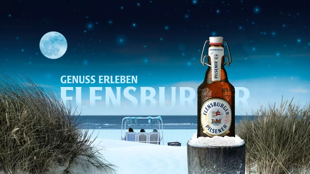 Desktophintergrund Flensburger Pilsener an einem winterlichen Tag.