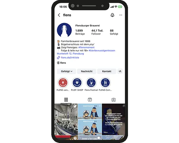 Smartphone-Ansicht des Instagram-Profils der Flensburger Brauerei mit Posts und Informationen.
