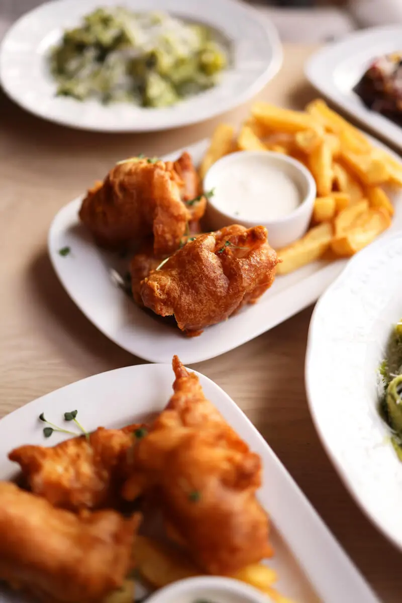 Knuspriges Backfischfilet mit Pommes und Mayonnaise-Dip auf weißem Teller.
