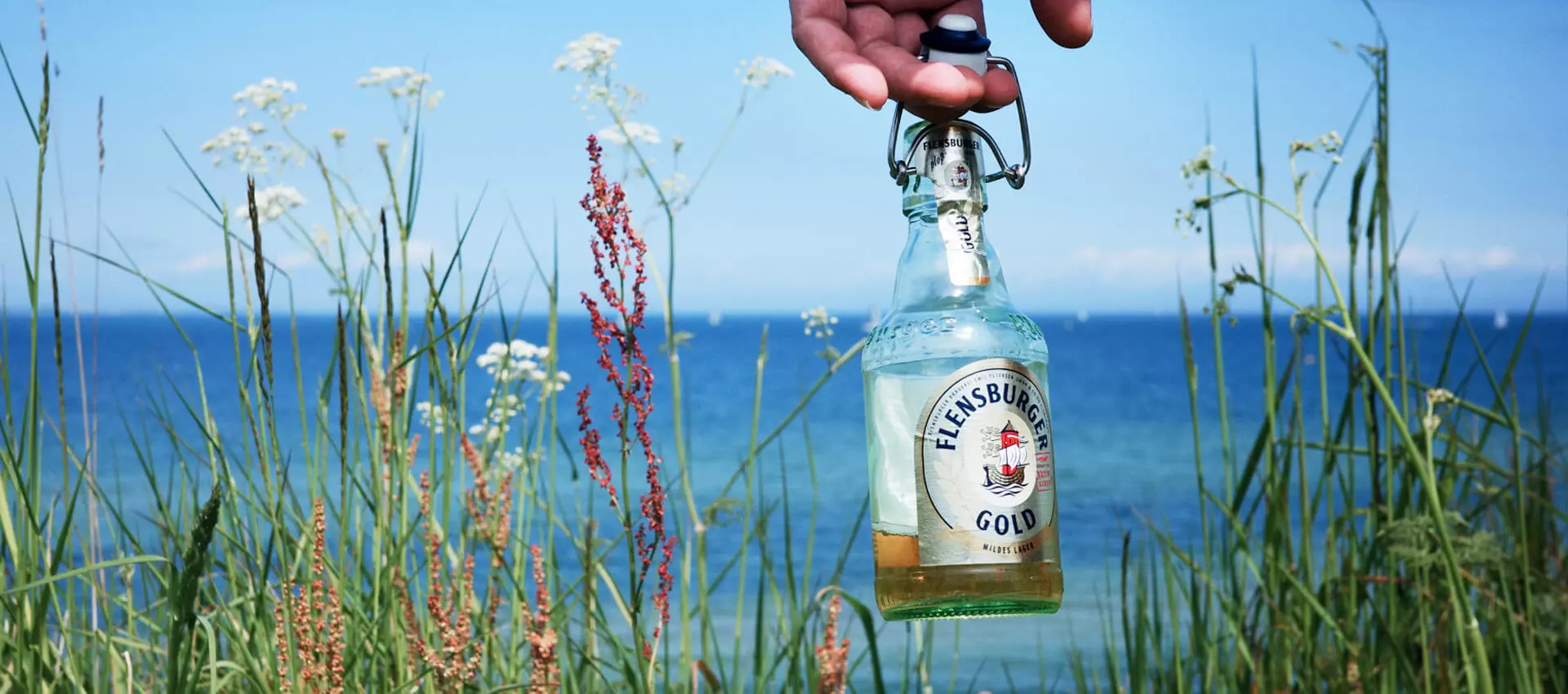 Bierflasche Flensburger Gold wird am Bügelverschluss gehalten, im Hintergrund eine grüne Wiese vorm Wasser.