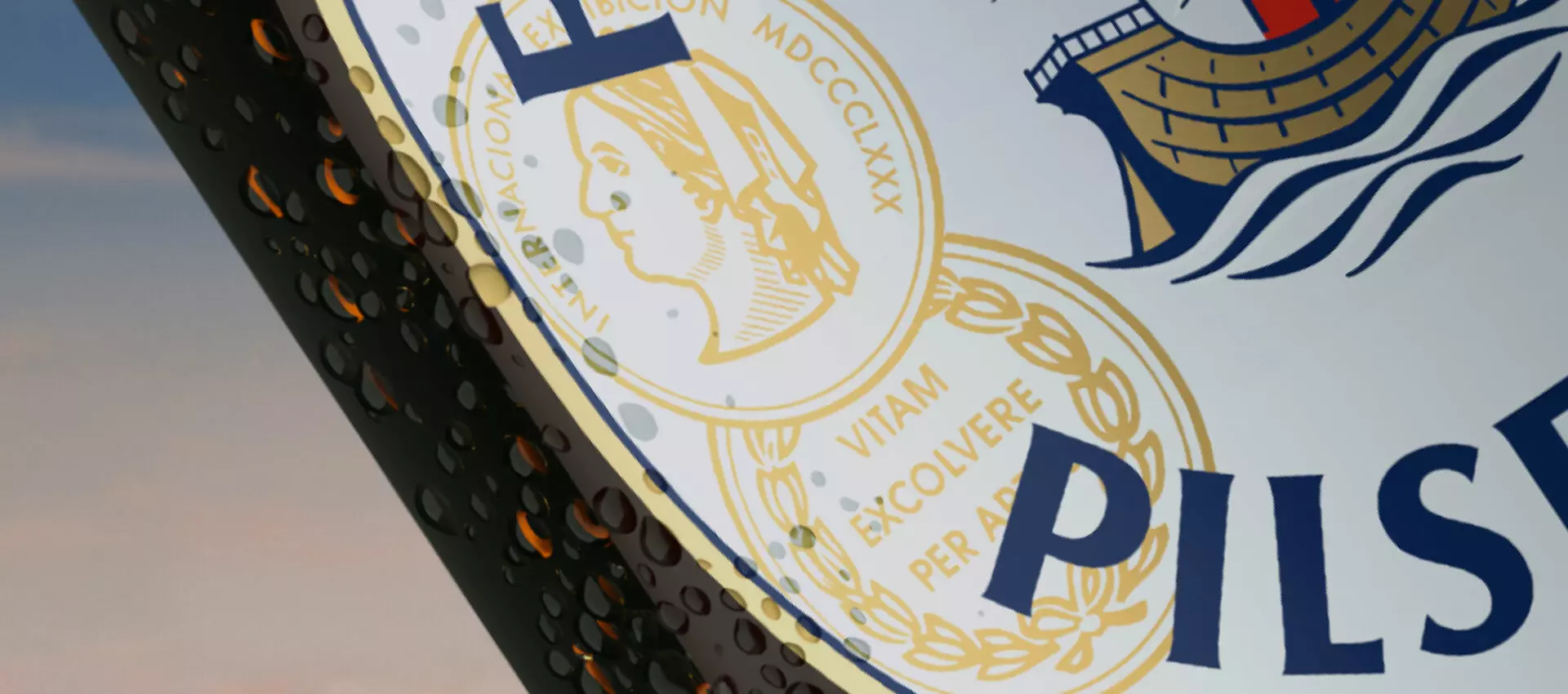 Ausschnitt des Etiketts auf der Flensburger Pilsener Flasche, der zwei Medaillenabdrücke zeigt.