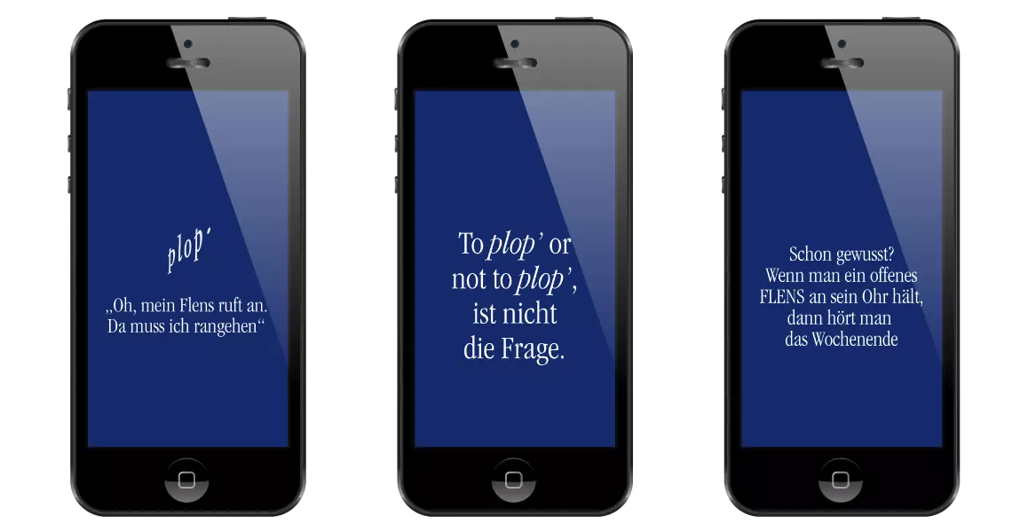 Drei Smartphones mit jeweils einem lustigen Spruch auf FLENS blauem Grund als Bildschirmhintergrund.