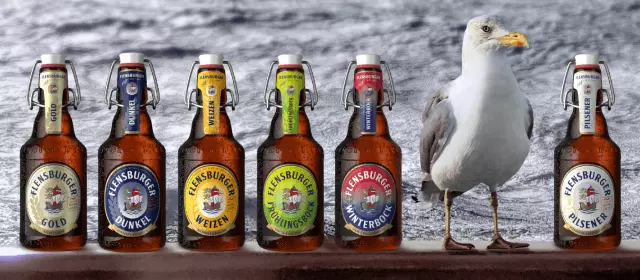 The product range of the Flensburger Brauerei and a seagull.