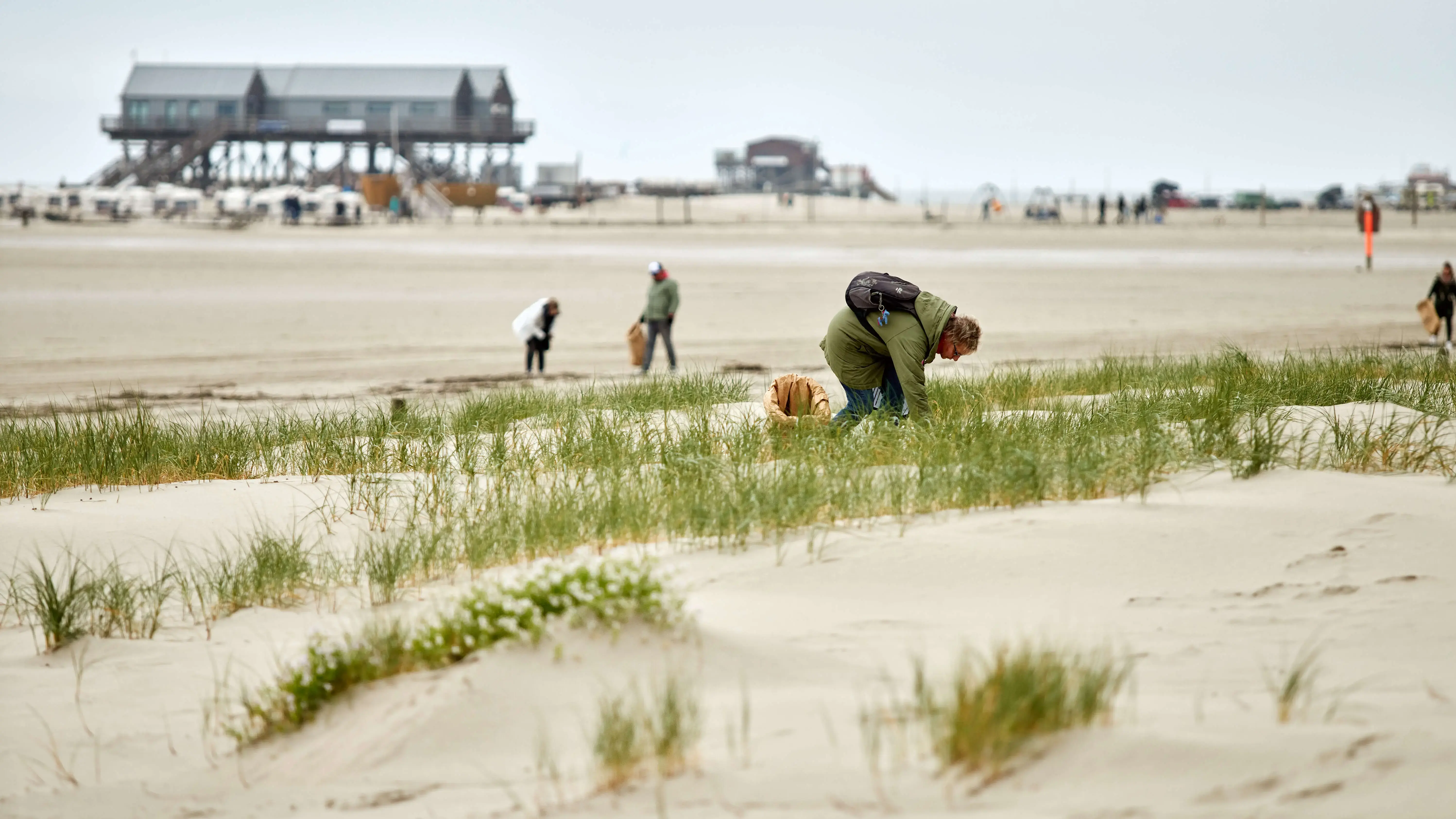 Person sammelt Muscheln am Sandstrand mit Dünengras und Pfahlbau im Hintergrund