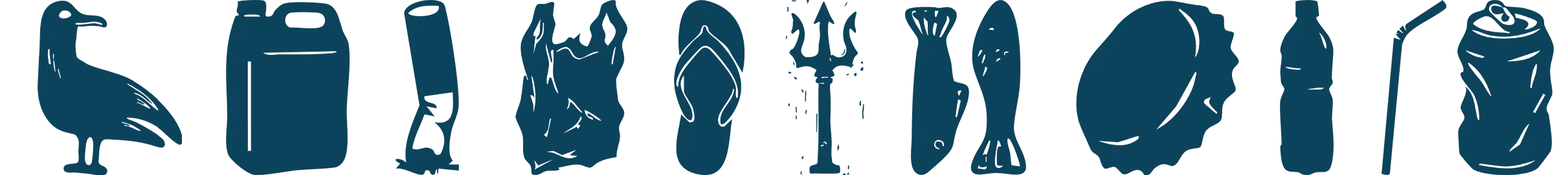 Strand-Icons in Blau: Möwe, Plastikkanister, Zigarettenstummel, Plastikbeutel, Flip-Flop, Dreizack, Fische, Kronkorken, Plastikflasche, Strohhalm und Dose.