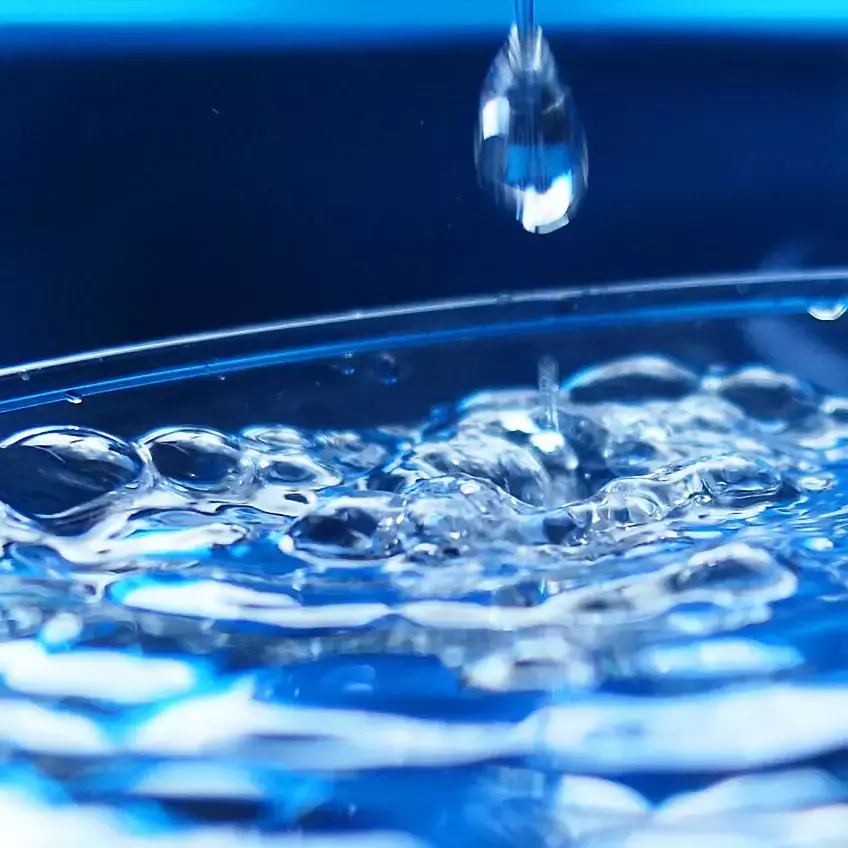 Wasser in einem Glasgefäß, auf die Oberfläche fällt ein Tropfen.