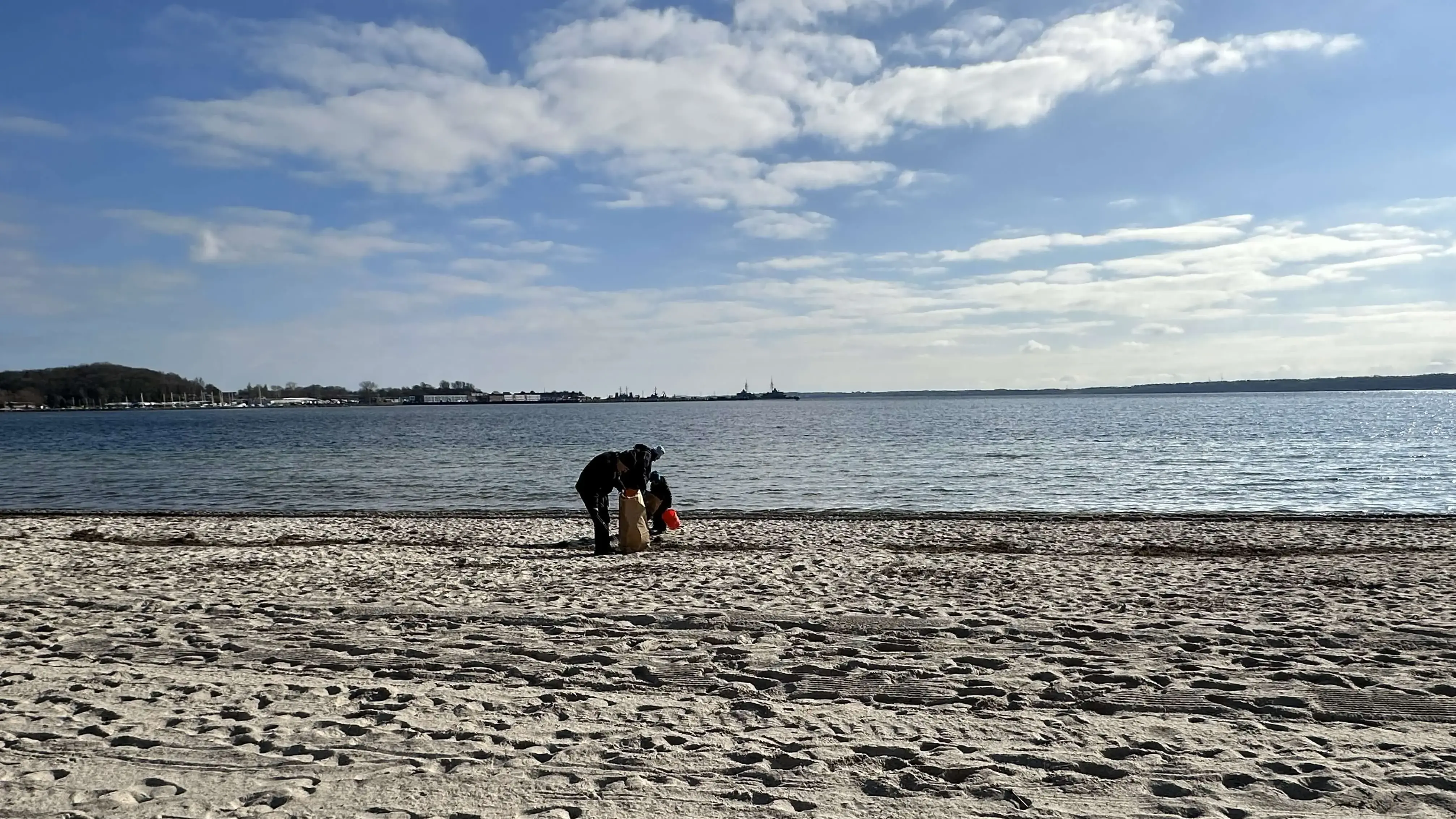 Person mit Hund sammelt Unrat am sandigen Ufer am Strand bei einer FLENS StrandGut Aktion an einem sonnigen Tag.