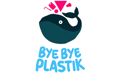 Das Logo von Bye Bye Plastik, ein Wal mit blauer Schrift darunter im Comicstil.