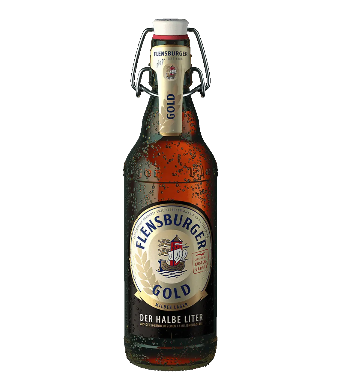 0.5-liter swing-top bottle containing Flensburger Gold beer.
