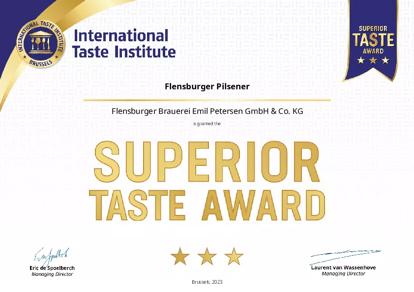 Zertifikat des Flensburger Pilsener beim International Taste Institute 2023.
