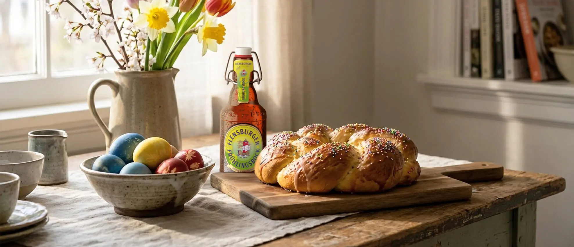 Hefezopf mit Streuseln, bunte Ostereier in Keramikschale, Frühlingsblumen und FLENS Bierflasche auf rustikalem Oster-Tisch.