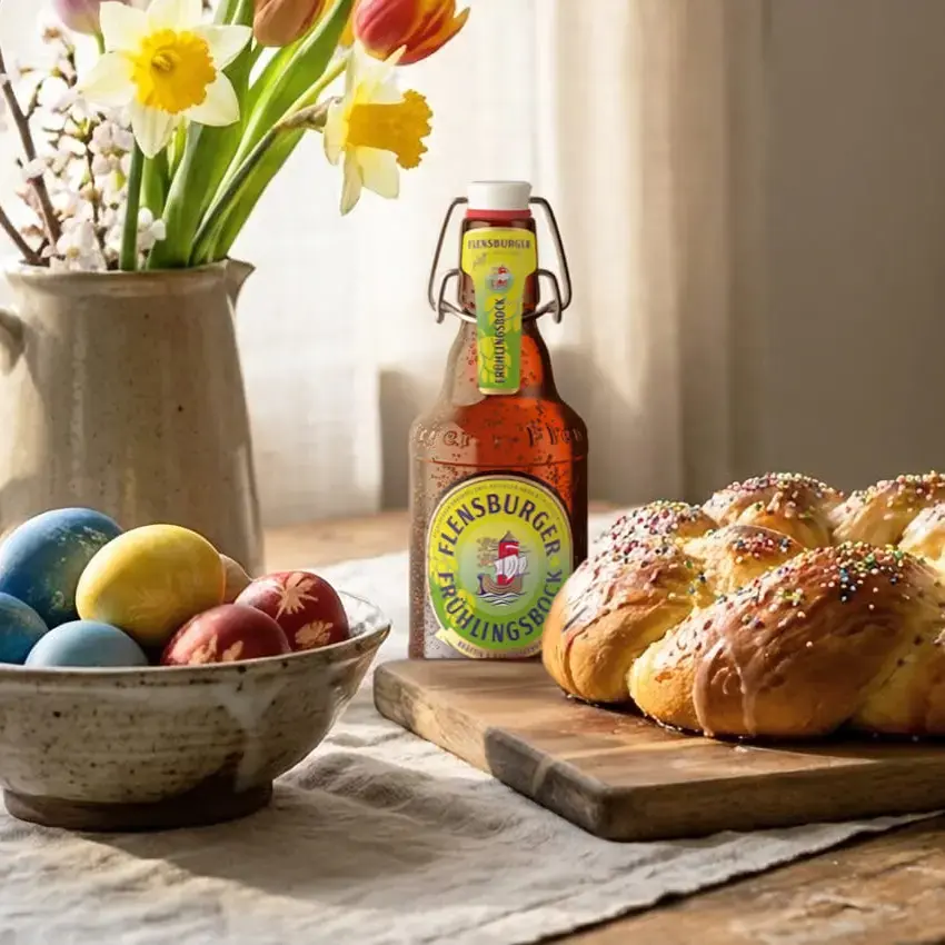 Hefezopf mit Streuseln, bunte Ostereier in Keramikschale, Frühlingsblumen und FLENS Bierflasche auf rustikalem Oster-Tisch.