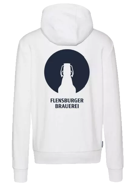 Rückseite des Nordlicht-Hoodies, weiß mit blauem Nordlicht-Logo der Flensburger Brauerei.