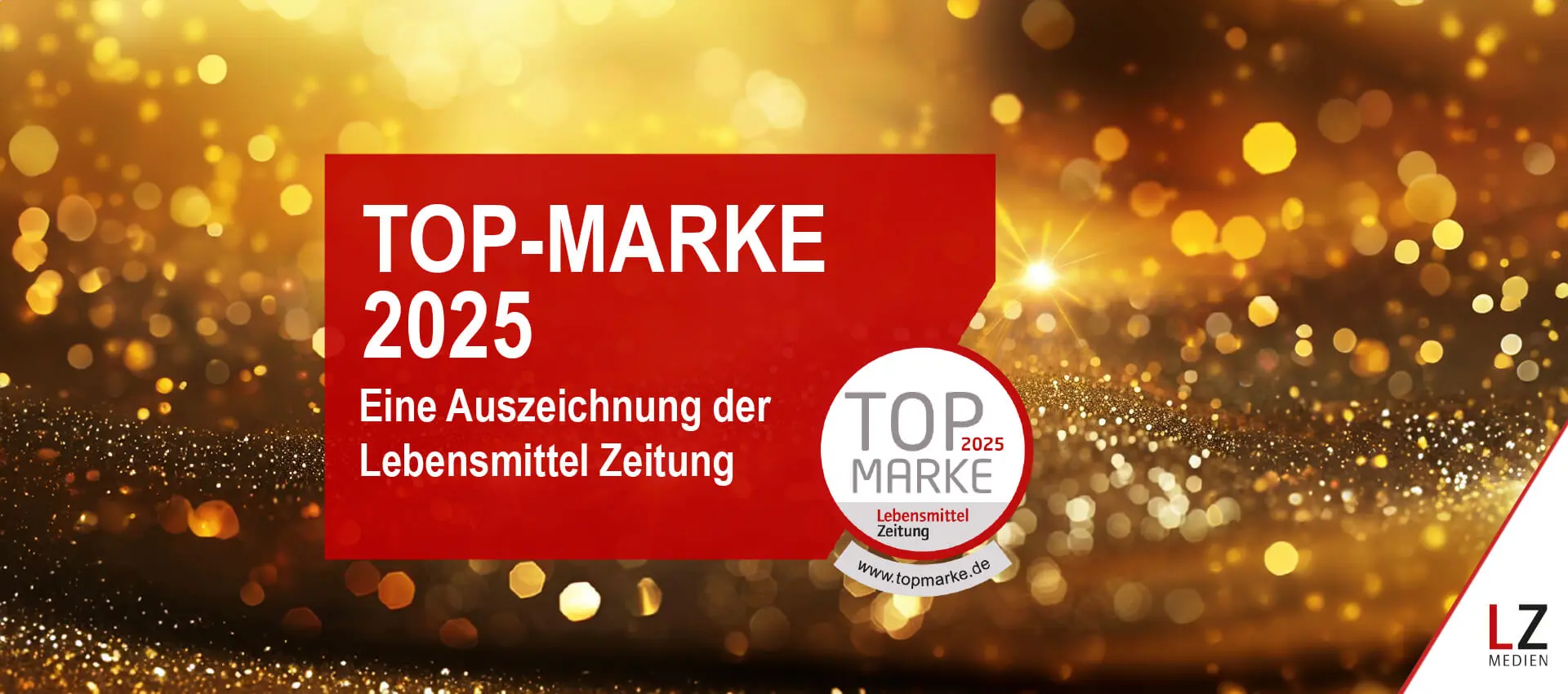 Text "Top-Marke 2025" auf rotem Hintergrund und goldener Glitzer im Hintergrund.