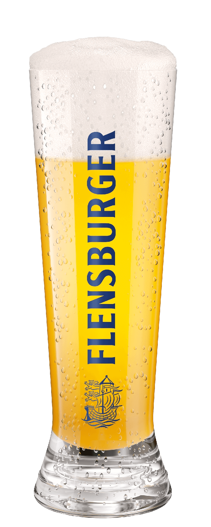 Eine mit goldenem Bier gefüllte Universaltulpe aus Glas zeigt senkrecht den blauen Schriftzug „FLENSBURGER“. Darunter ist ein blaues Schiff-Symbol zu sehen.