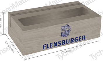 Holz-Bierdeckelhalter mit der Aufschrift "FLENSBURGER" und einem Ausschnitt oben. Die Maße sind ca. 120 mm x 65 mm x 40 mm.