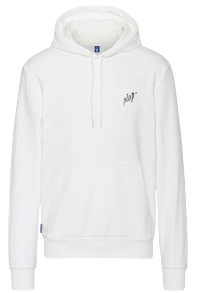 Weißer Hoodie mit Kapuze und Kängurutasche. Auf der linken Brust steht der dunkelblau gedruckte Schriftzug „plop'“.