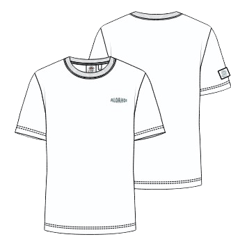 Weißes Unisex-Shirt aus 100 % Bio-Baumwolle mit „ALOAHOI“-Stickerei in Salbeigrün auf der Brust. Gerader Schnitt und Weblabel am Ärmel in Weiß-Salbeigrün.