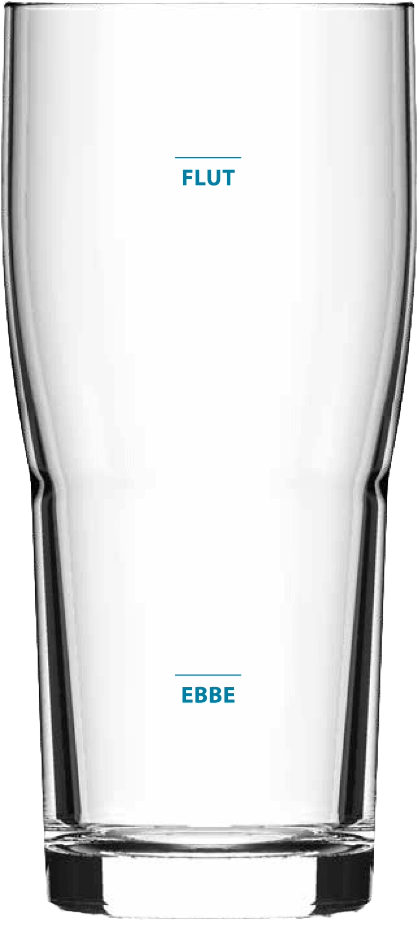 Klares Bierglas mit eingeprägten blauen Schriftzügen "FLUT" oben und "EBBE" unten auf der Vorderseite.