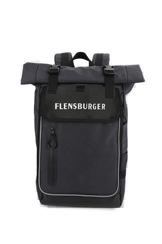 Rucksack „Nordlicht Explorer“ in Navy mit aufgesetzter Tasche, Rollverschluss und zwei schwarzen Riemen. Auf der Tasche steht „FLENSBURGER“ in weißen Großbuchstaben.