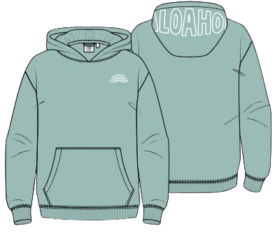 Illustration eies mintfarbenen Hoodie mit großer Kängurutasche. Auf der Kapuze steht in weißer Schrift „ALOAHOI“. Auf der Brust ist eine kleine, weiße Welle mit dem Schriftzug „Flensburger“ gestickt.